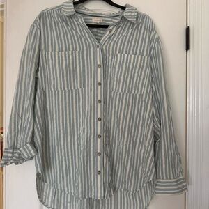 Anthropology Pilcro Cotton light blue white striped boyfriend button shirt